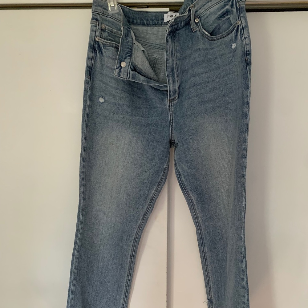 Pistola size 33 light wash distressed straight leg denim jeans